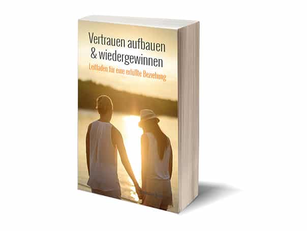 3D-Buchcover Vertrauen aufbauen & wiedergewinnen mit zwei Personen am Wasser bei Sonnenuntergang
