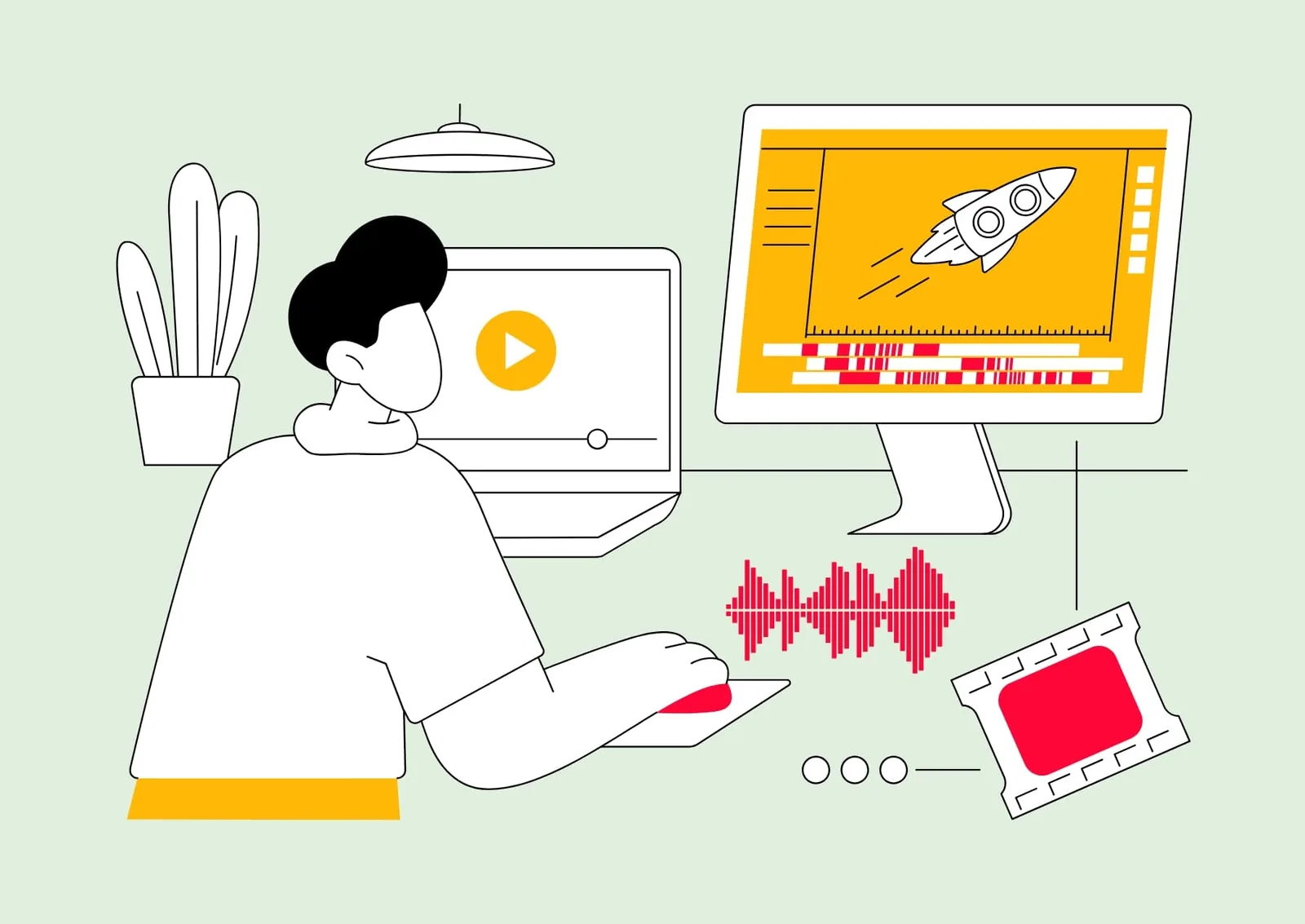 Schritt 3 Illustration: Person bei der Videoproduktion mit Effekten und Audiobearbeitung