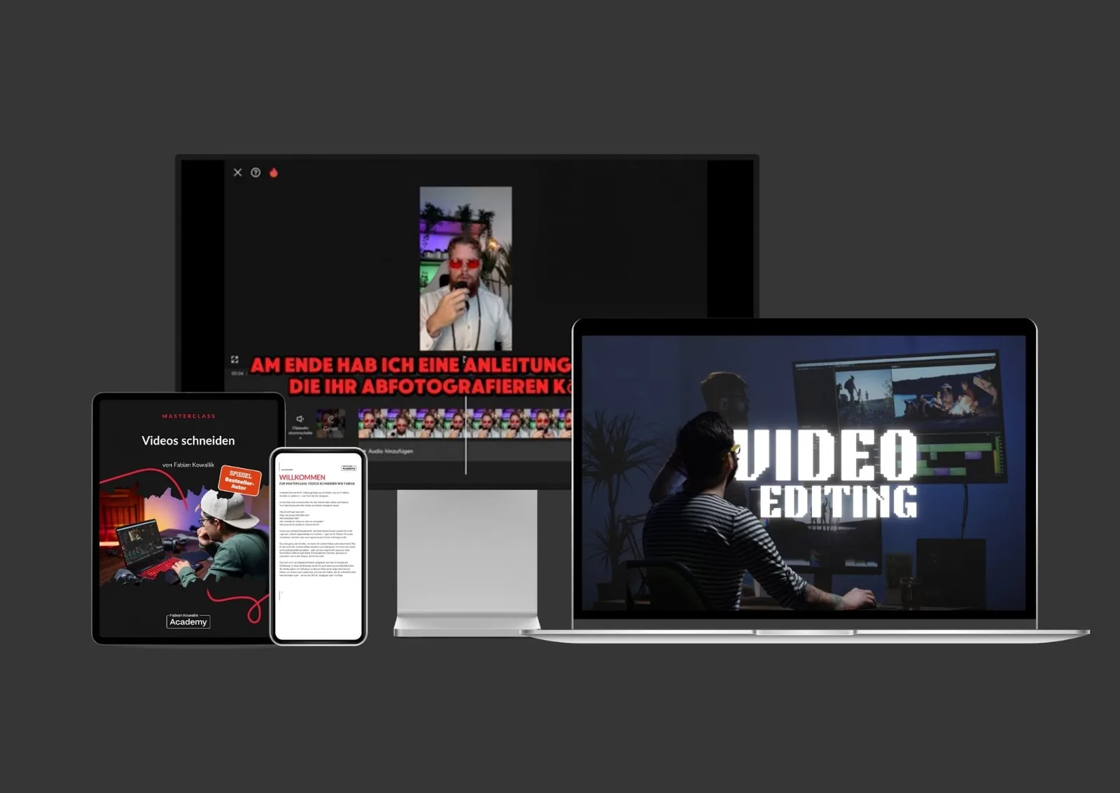 Video Editing Masterclass Mockup auf dunklem Hintergrund mit mehreren Geräten