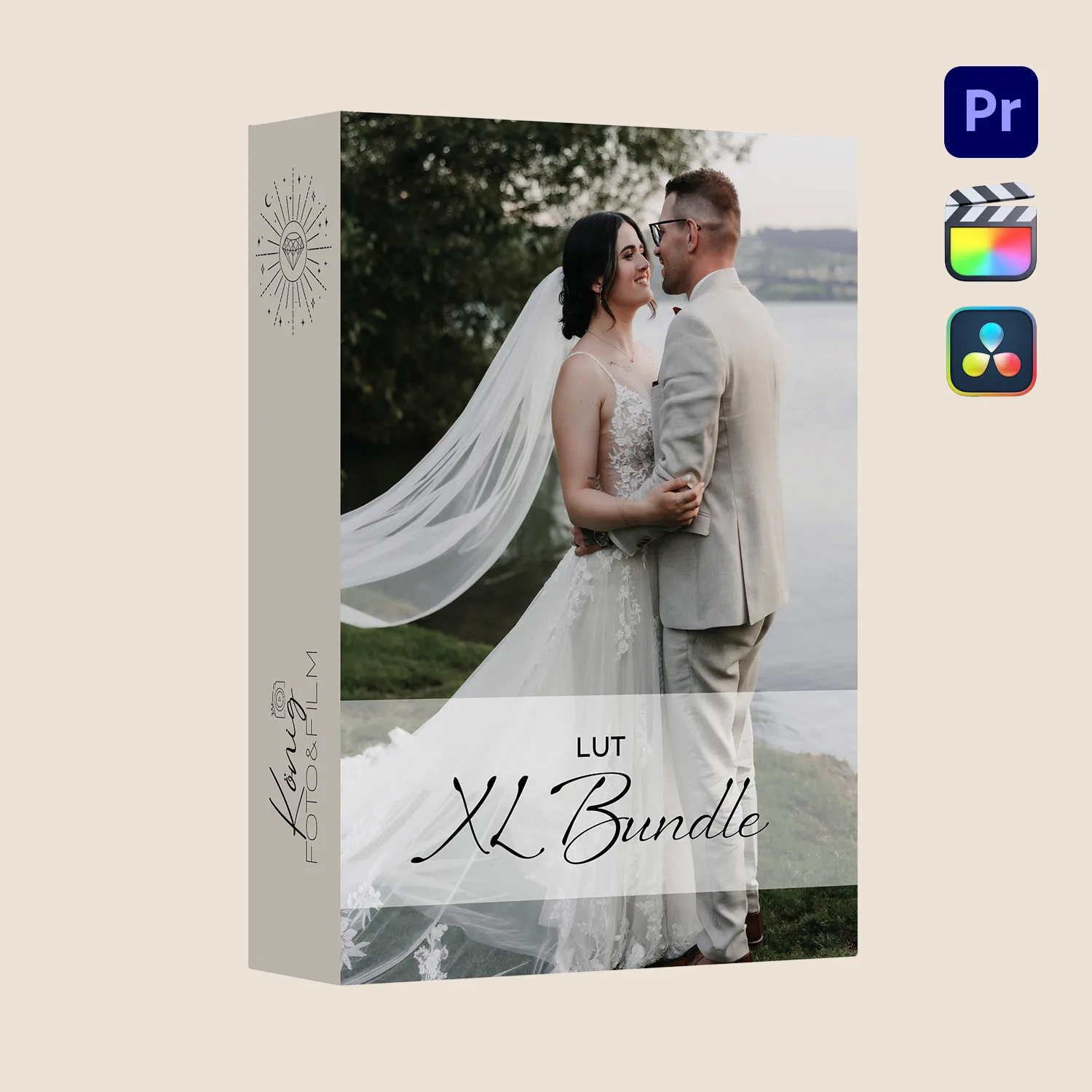 XL Bundle 2 Video LUT Produktbox mit Brautpaar am See, Kompatibilitätslogos Pr, FCPX, DaVinci