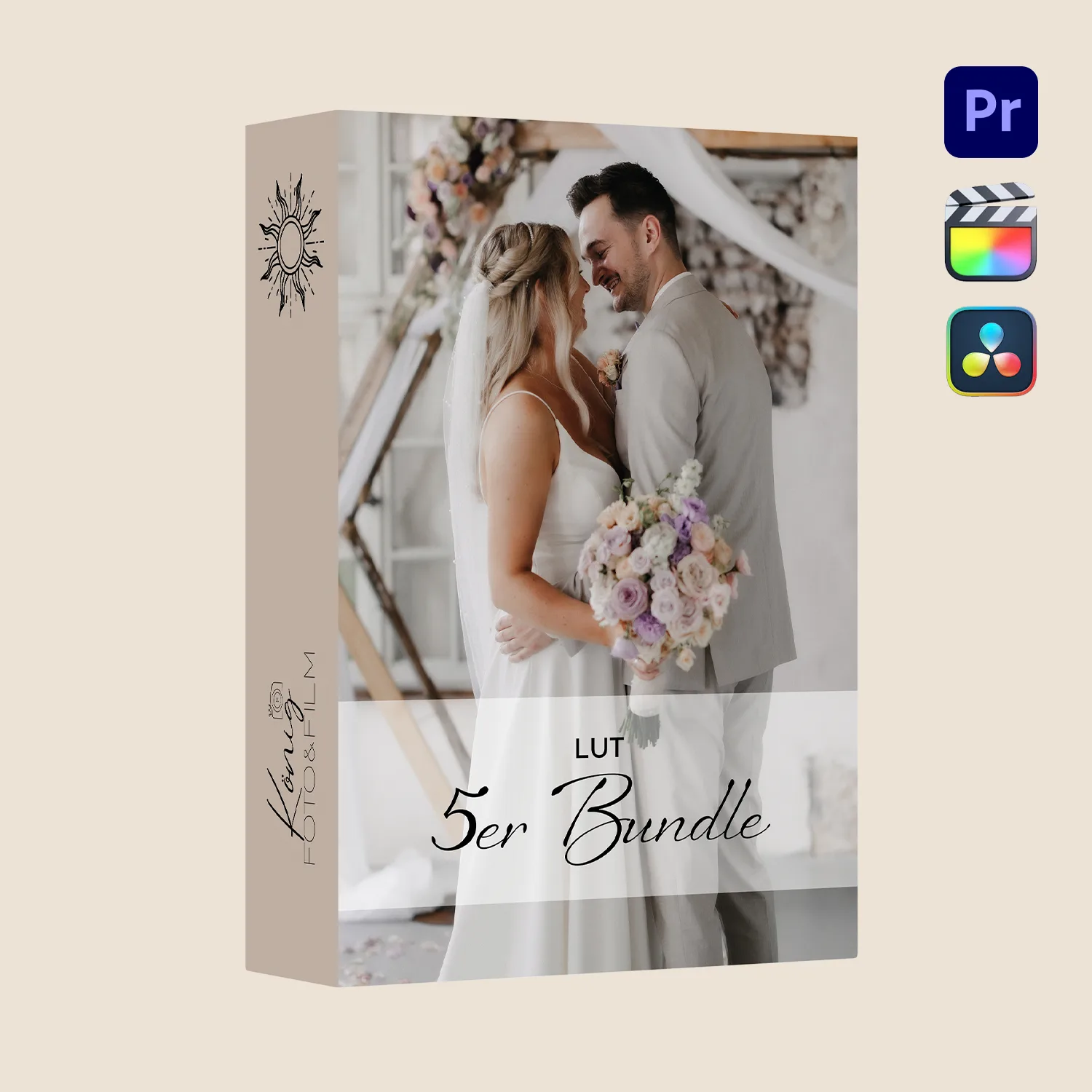 5er Bundle 2 Video LUT Produktbox mit Brautpaar Innenraum, Kompatibilitätslogos Pr, FCPX, DaVinci