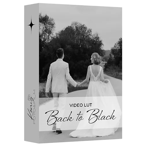 Video LUT Back to Black Produktbox mit Brautpaar von hinten an Landstraße