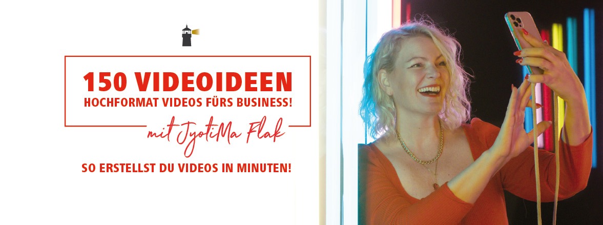 Videoideen für TikTok, Reels, YouTube Shorts von Jyotima Flak 4 150 Videoideen für Hochformat Business – Galerie mit Text und Frau beim Smartphone-Filmen vor buntem Hintergrund
