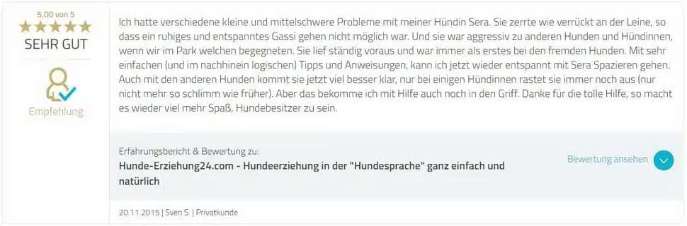 Kundenbewertung mit 5 Sternen für Hunde-Erziehung24.com, Erfahrungsbericht zur Hundeerziehung