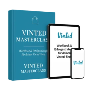 Vinted Masterclass Produktabbildung mit Buch, Tablet und Smartphone in Teal-Blau