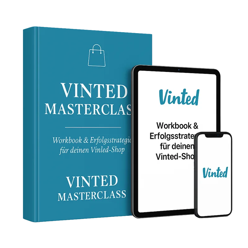 Vinted Masterclass Produktabbildung mit Buch, Tablet und Smartphone in Teal-Blau