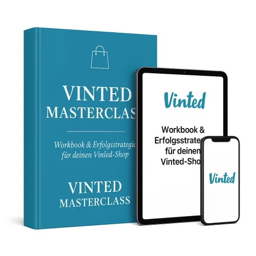 Vinted Masterclass Mockup mit E-Book, Tablet und Smartphone in kleinerer Ansicht