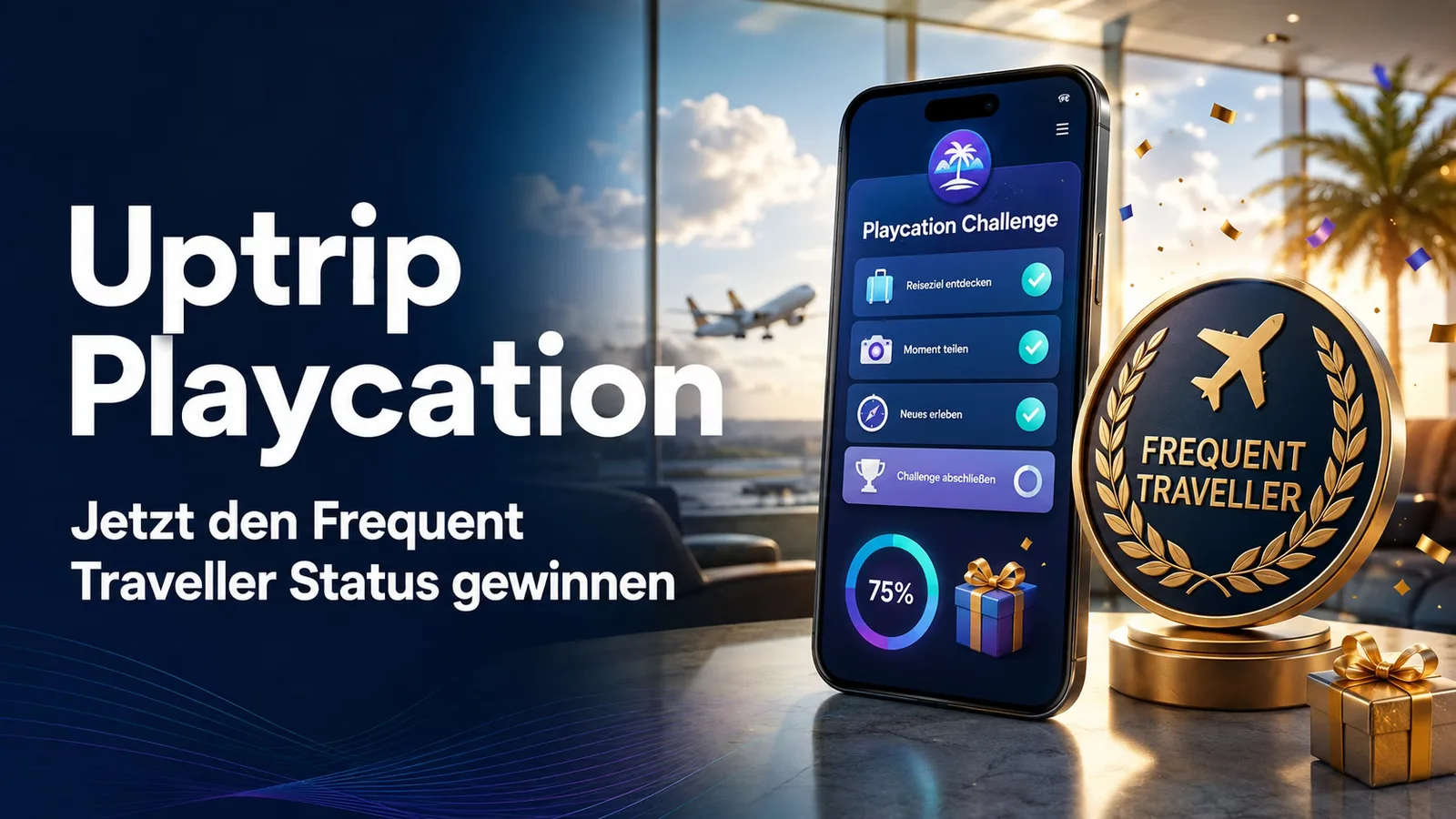 Uptrip Playcation Gamification App auf Smartphone mit Frequent Traveller Status Badge und Flugzeug am Flughafenfenster