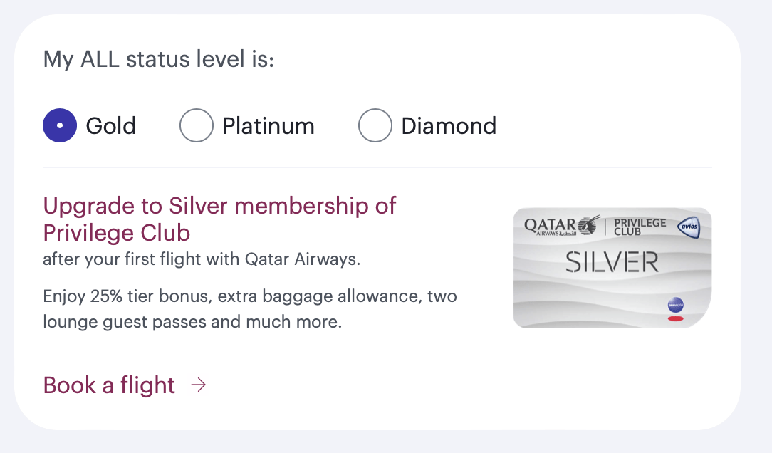 Screenshot Qatar Airways Privilege Club Statusübersicht mit Gold, Platinum, Diamond Leveln und Silver Membership Upgrade