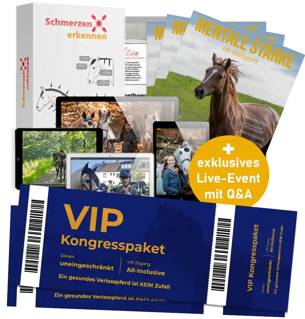 VIP Kongresspaket Produktbox mit Tickets, Live-Event Badge, Tablets und Pferdeabbildungen