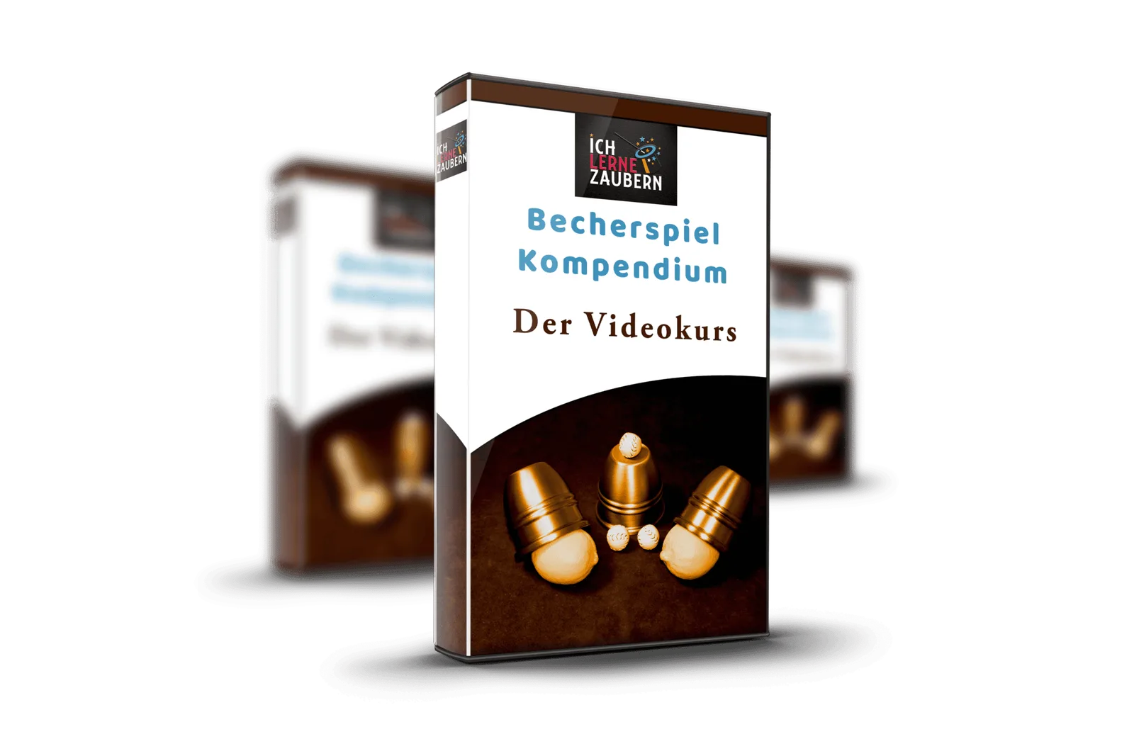 Produktbox Becherspiel Kompendium Videokurs mit drei goldenen Bechern auf braunem Hintergrund