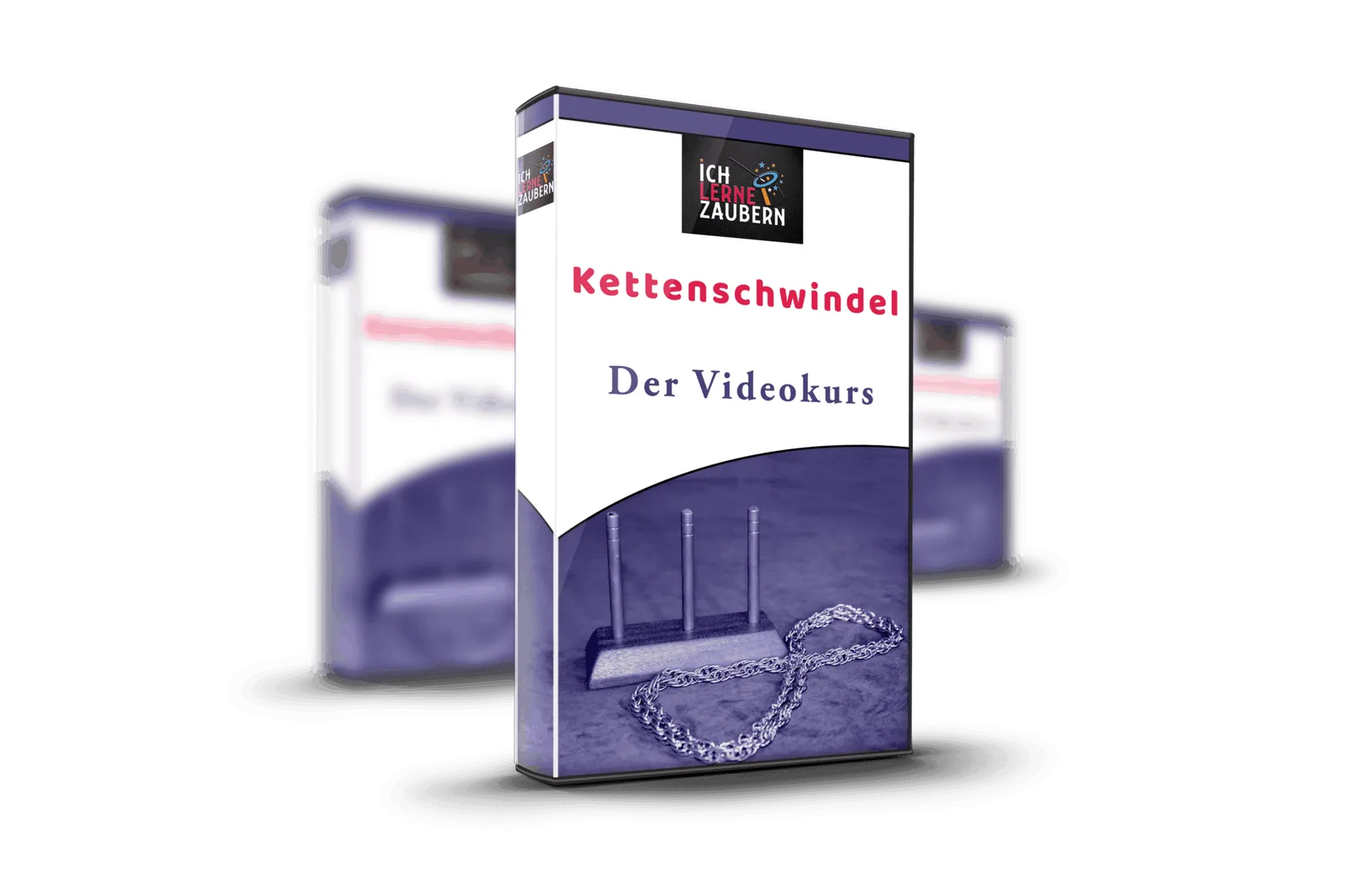 Produktbox Kettenschwindel Videokurs mit silberner Kette und drei Stiften auf violettem Hintergrund