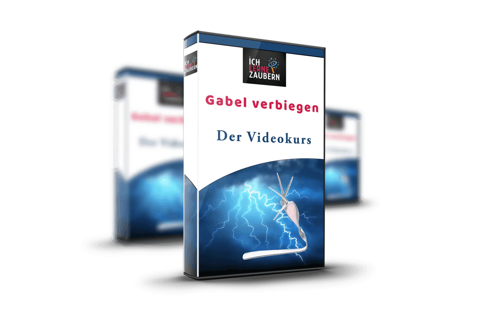 Produktbox Gabel verbiegen Videokurs mit Gabel und Blitzeffekt auf blauem Hintergrund