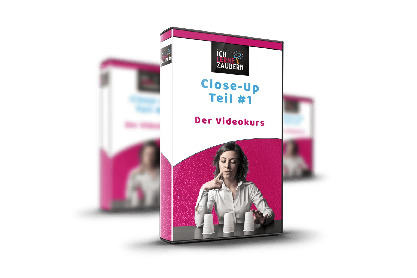 Close-Up Teil 1 Videokurs 3D-Box mit Frau und drei Bechern