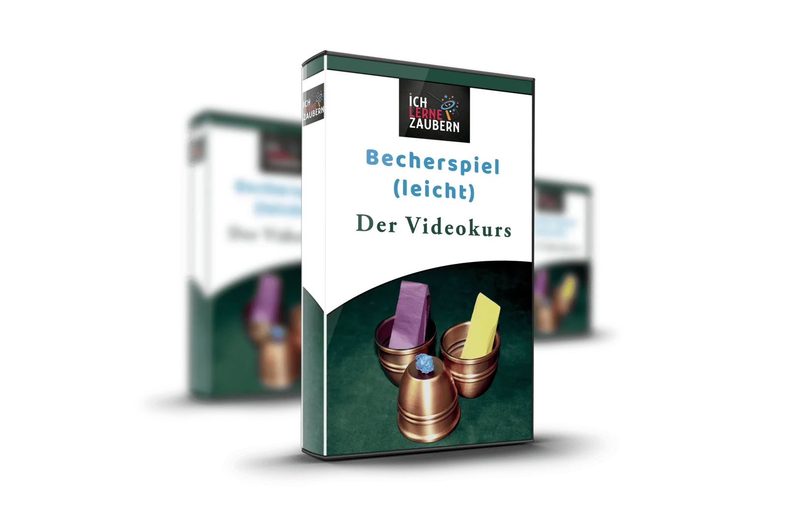 Produktbox Becherspiel leicht Videokurs mit drei kupfernen Bechern und farbigen Zetteln auf grünem Hintergrund