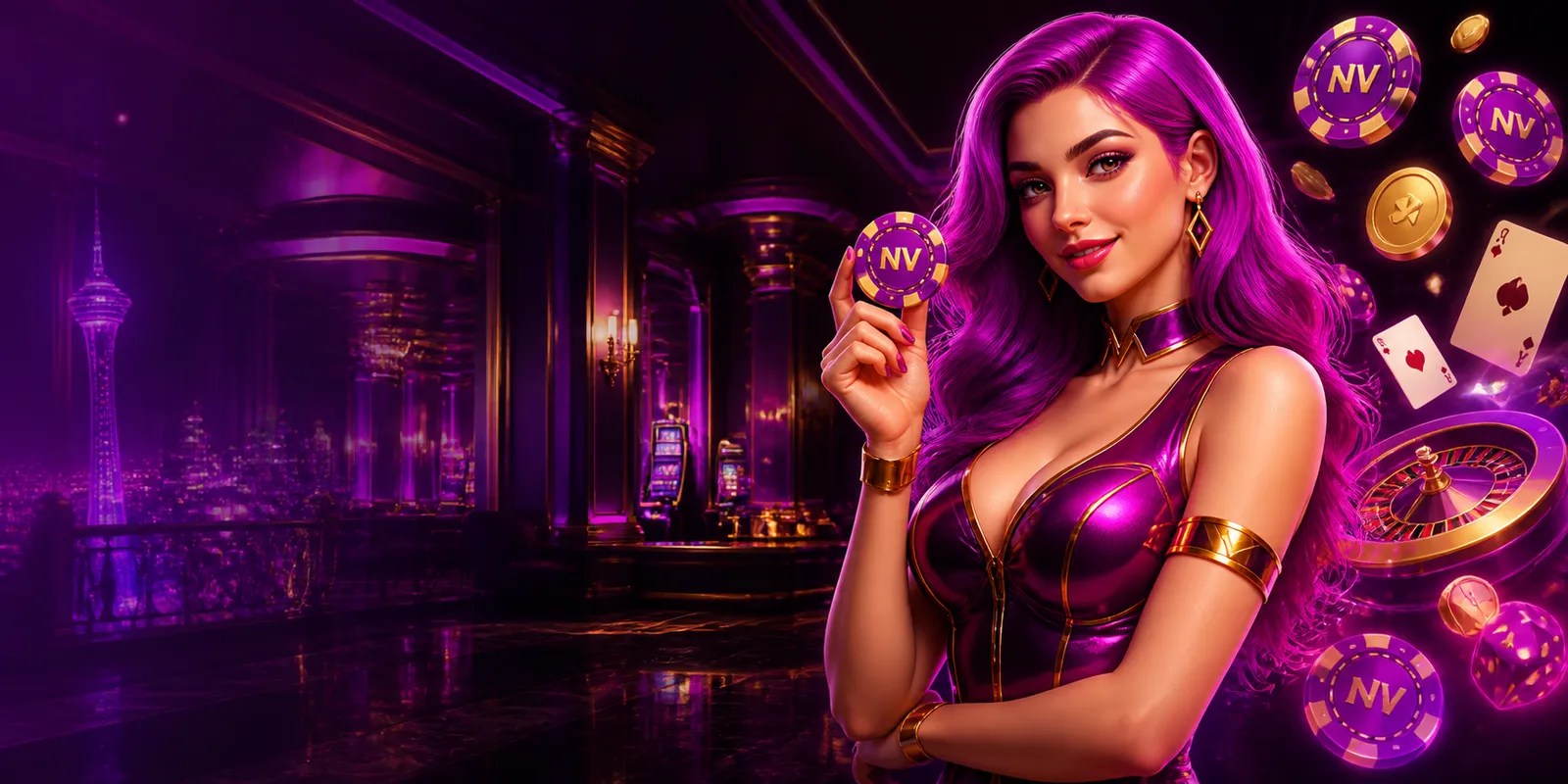 Virtuelle Jobs Akademie – Coaching zur Online-Assistenz 8 Casino Promotionbanner mit glamouröser Hostess in Magenta vor neonbeleuchteter Vegas-Kulisse