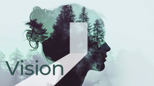 Vision Audio-Programm Cover mit Doppelbelichtung von Frauenprofil und Waldlandschaft