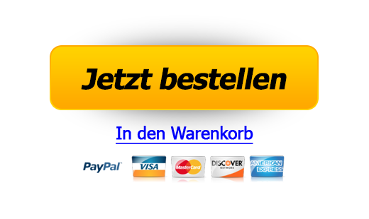 Gelber Bestellbutton mit Zahlungsoptionen PayPal, Visa, Mastercard, Discover und American Express
