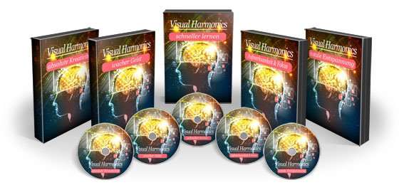 Visual Harmonics Audio-Programm Produktset mit fünf Boxen und fünf CDs mit leuchtender Gehirn-Grafik