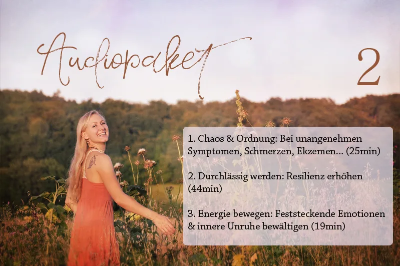 Audiopaket 2 mit drei Übungen und Zeitangaben, Frau in orangefarbenem Kleid