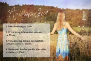 Audiopaket 1 mit vier Übungen und Zeitangaben, Frau in farbigem Kleid