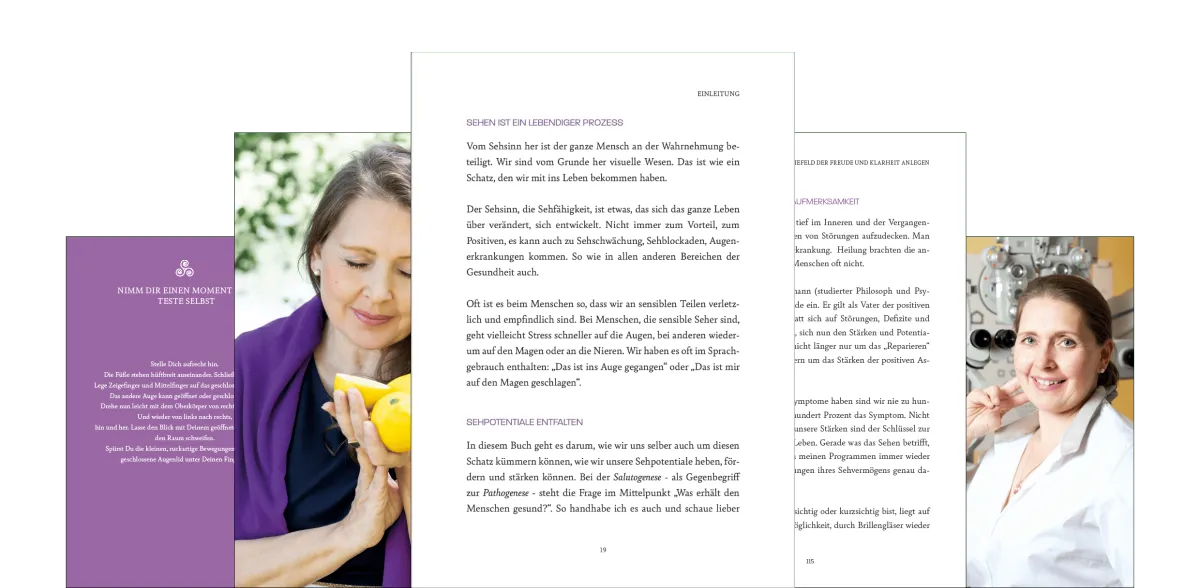 E-Book-Doppelseite mit Überschrift Sehen ist ein lebendiger Prozess, Porträt Frau und Textblöcke