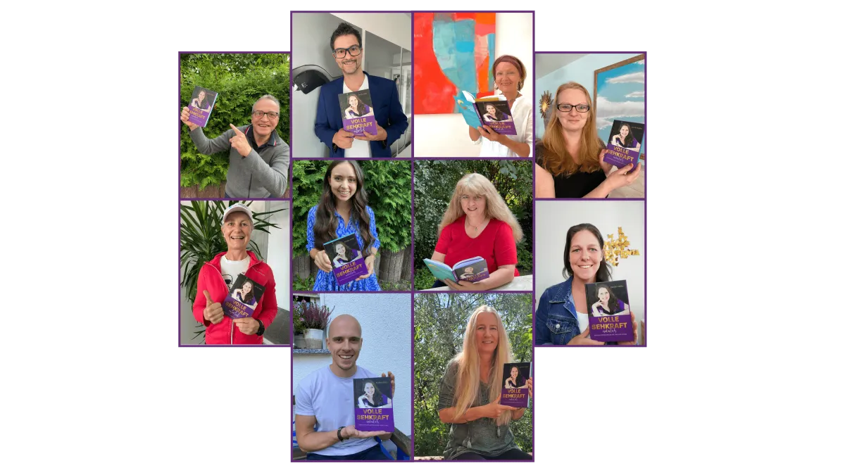Collage von 13 Personen mit Buch Volle Sehkraft natürlich in verschiedenen Locations