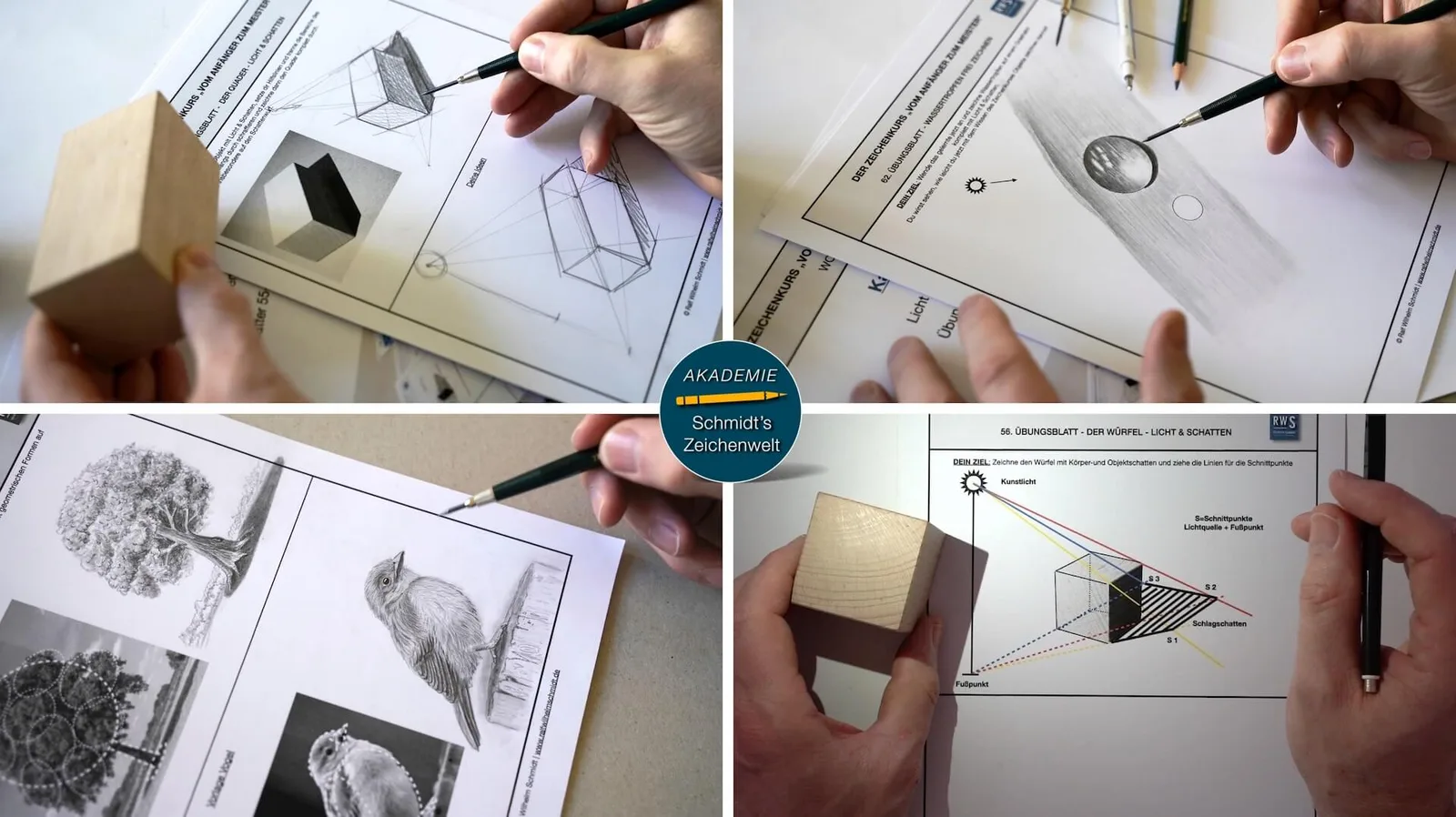 Zeichenkurs Workbook Übungsblätter mit geometrischen Formen, Schraffuren und detaillierten Zeichnungen