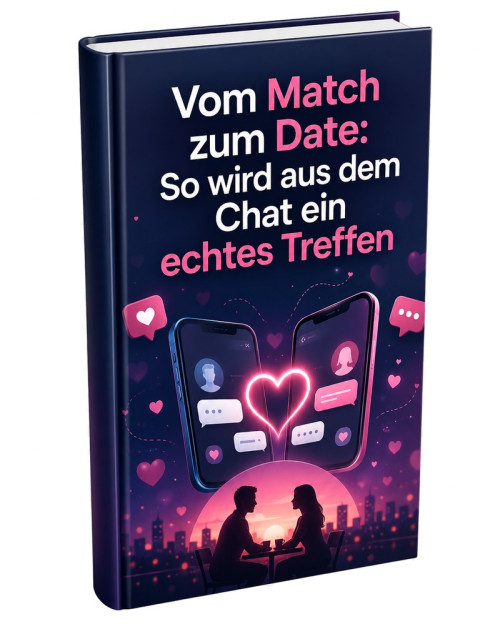 eBook-Cover-Mockup dunkelblau mit Chat-Symbolen, Smartphones, Herz, Paar