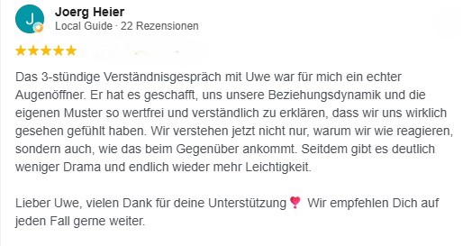 Fünf-Sterne-Bewertung von Joerg Heier, Local Guide, mit Testimonial zum Verständnisgespräch