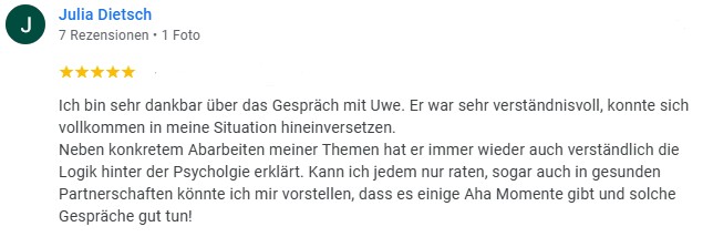 Fünf-Sterne-Bewertung von Julia Dietsch mit Kundenstimme zu Verständnis und psychologischen Erkenntnissen