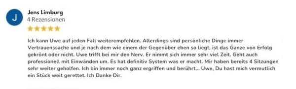 Fünf-Sterne-Bewertung von Jens Limburg mit Kundenstimme zur Weiterempfehlung und professionellem Support