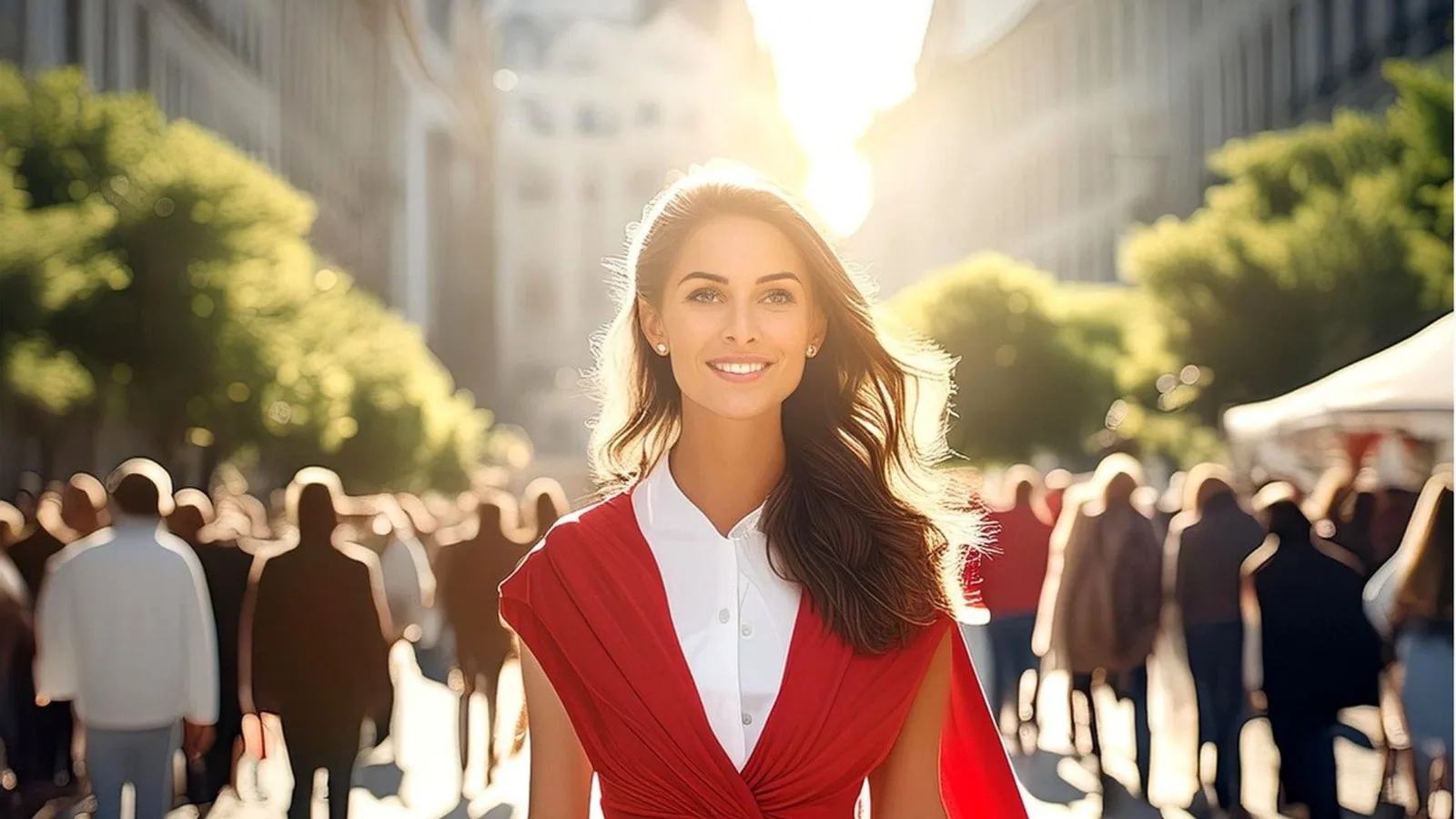 Selbstbewusste Frau in rotem Blazer vor Menschenmenge, symbolisiert Selbstsicherheit und Ausstrahlung