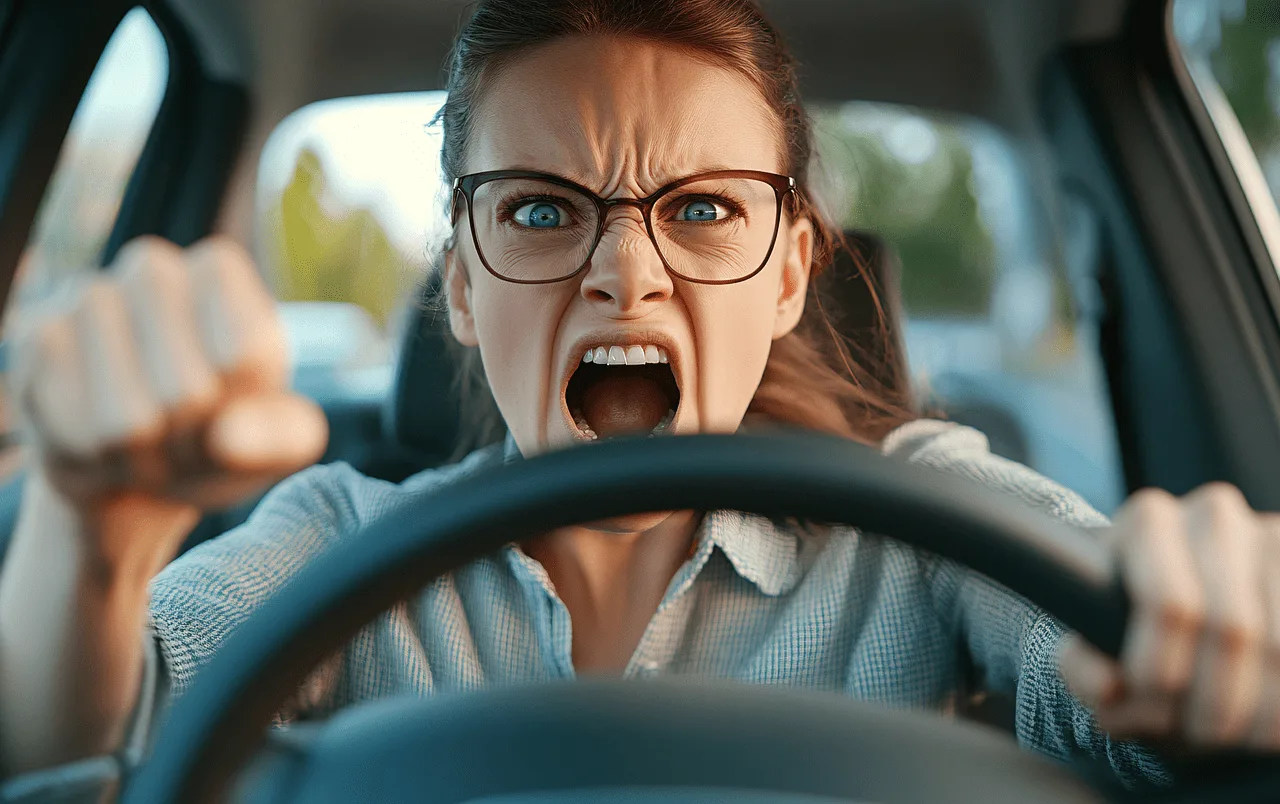Gestresste Frau mit Brille hinter Lenkrad, Gesichtsausdruck von Anspannung und Überforderung