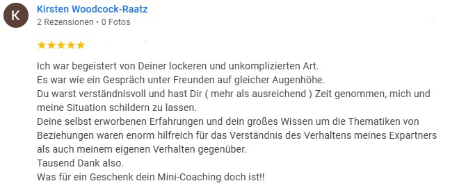 Fünf-Sterne-Bewertung von Kirsten Woodcock-Raatz mit ausführlicher Kundenstimme zum Mini-Coaching
