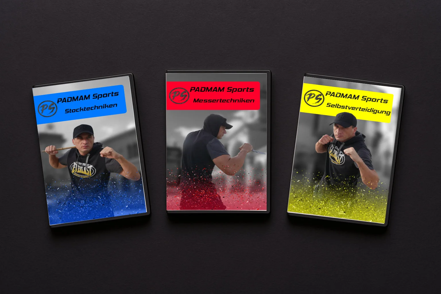 Drei DVD-Cover-Mockups Selbstverteidigungskurs V1.0 mit Stocktechniken, Messertechniken und Selbstverteidigung