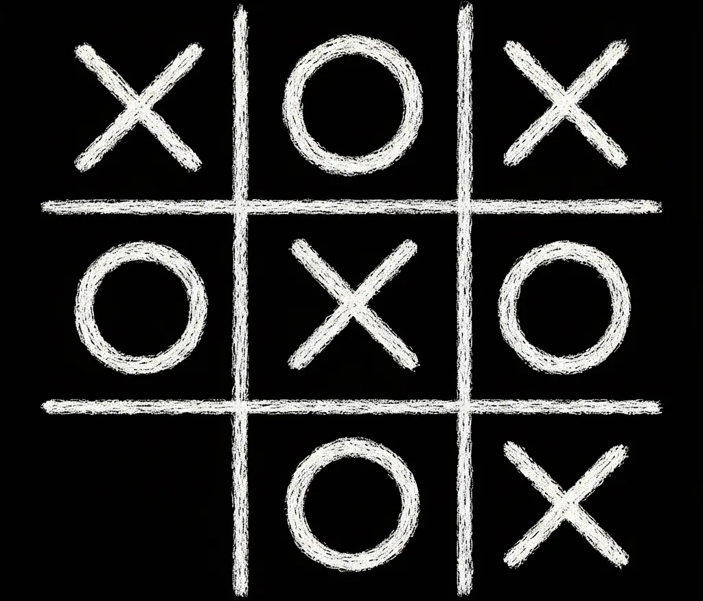 Vom Schüchtern zum Magnet – E-Book zu Selbstbewusstsein 3 Tic-Tac-Toe Spielfeld mit Kreide auf schwarzem Hintergrund gezeichnet