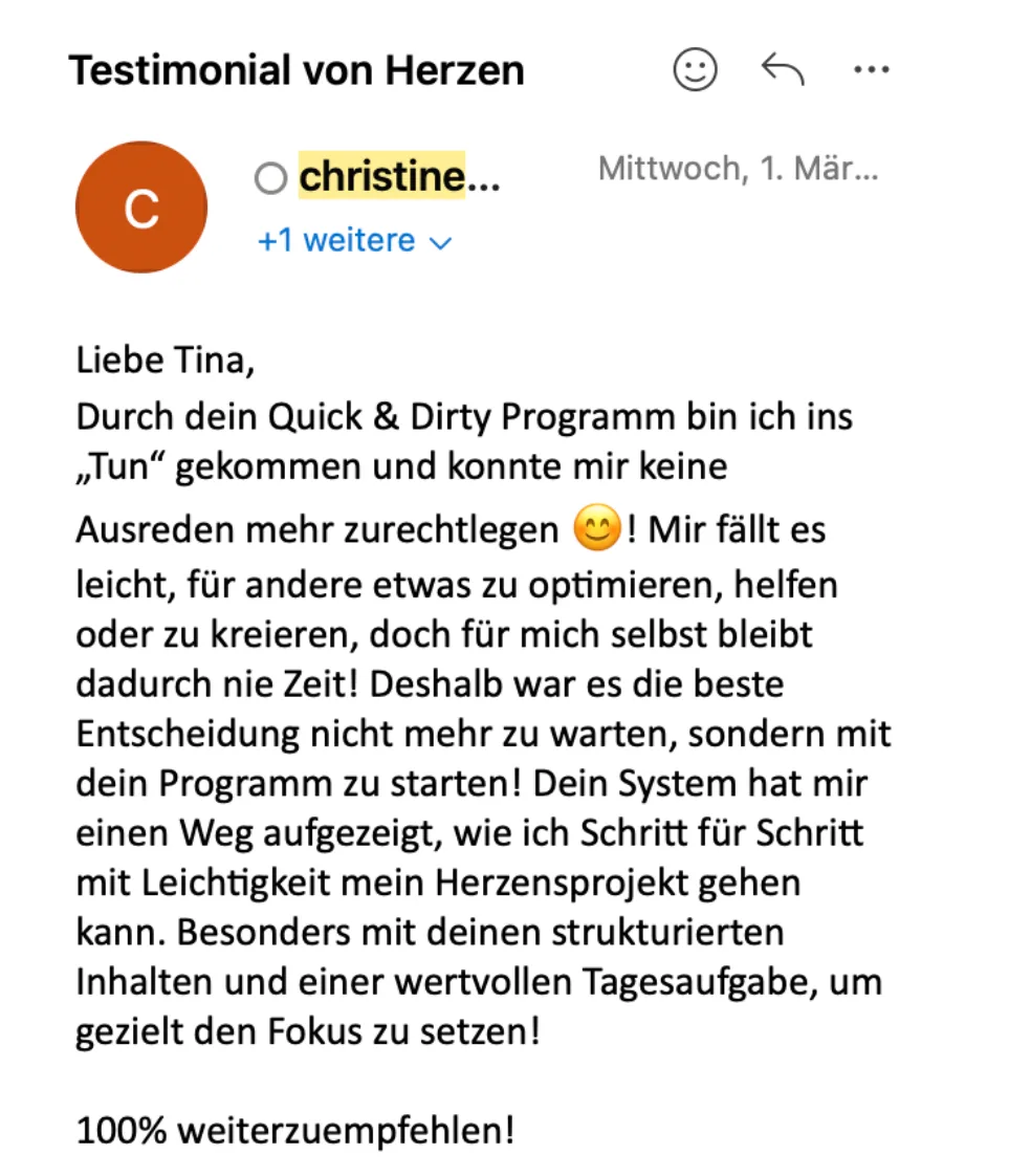 Testimonial Christine zum Quick & Dirty Programm und Herzenprojekt