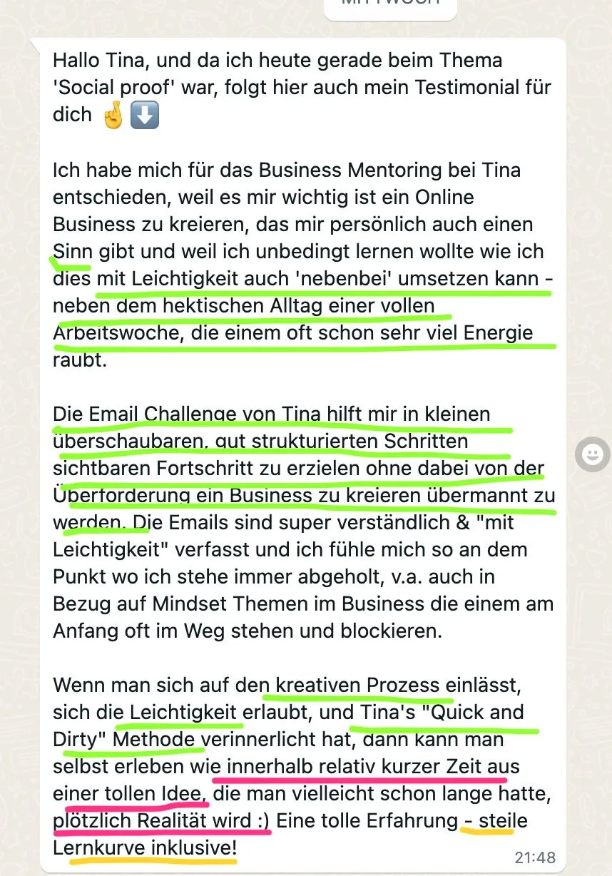 WhatsApp-Nachricht Testimonial zu Business Mentoring und Email Challenge