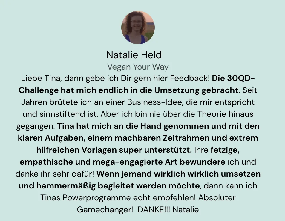 Testimonial Natalie Held Vegan Your Way 30QD Challenge Feedback