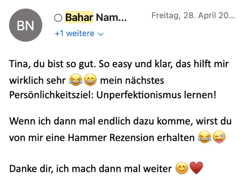 Testimonial Bahar Nam Unperfektionismus lernen Feedback