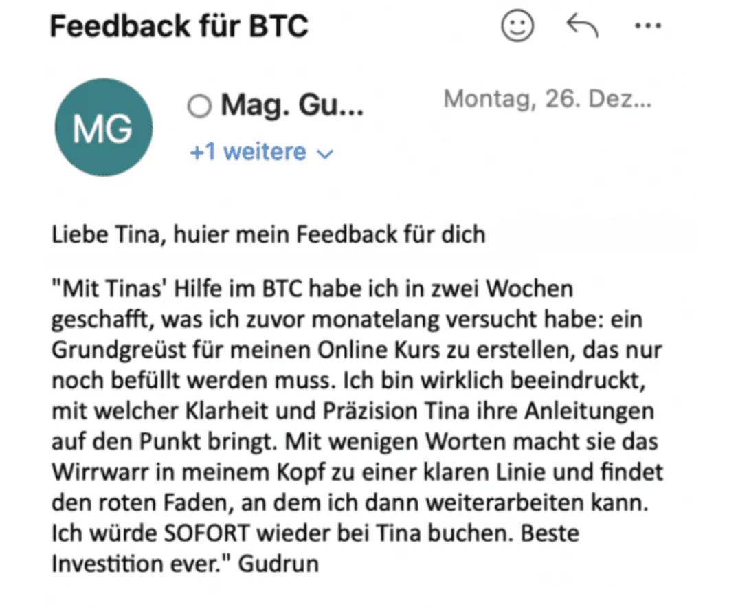 Testimonial Mag. G. Business Training Center BTC Feedback Klarheit