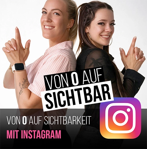 Zwei Frauen zeigen Peace-Zeichen, Text Von 0 auf Sichtbarkeit mit Instagram und Instagram-Logo