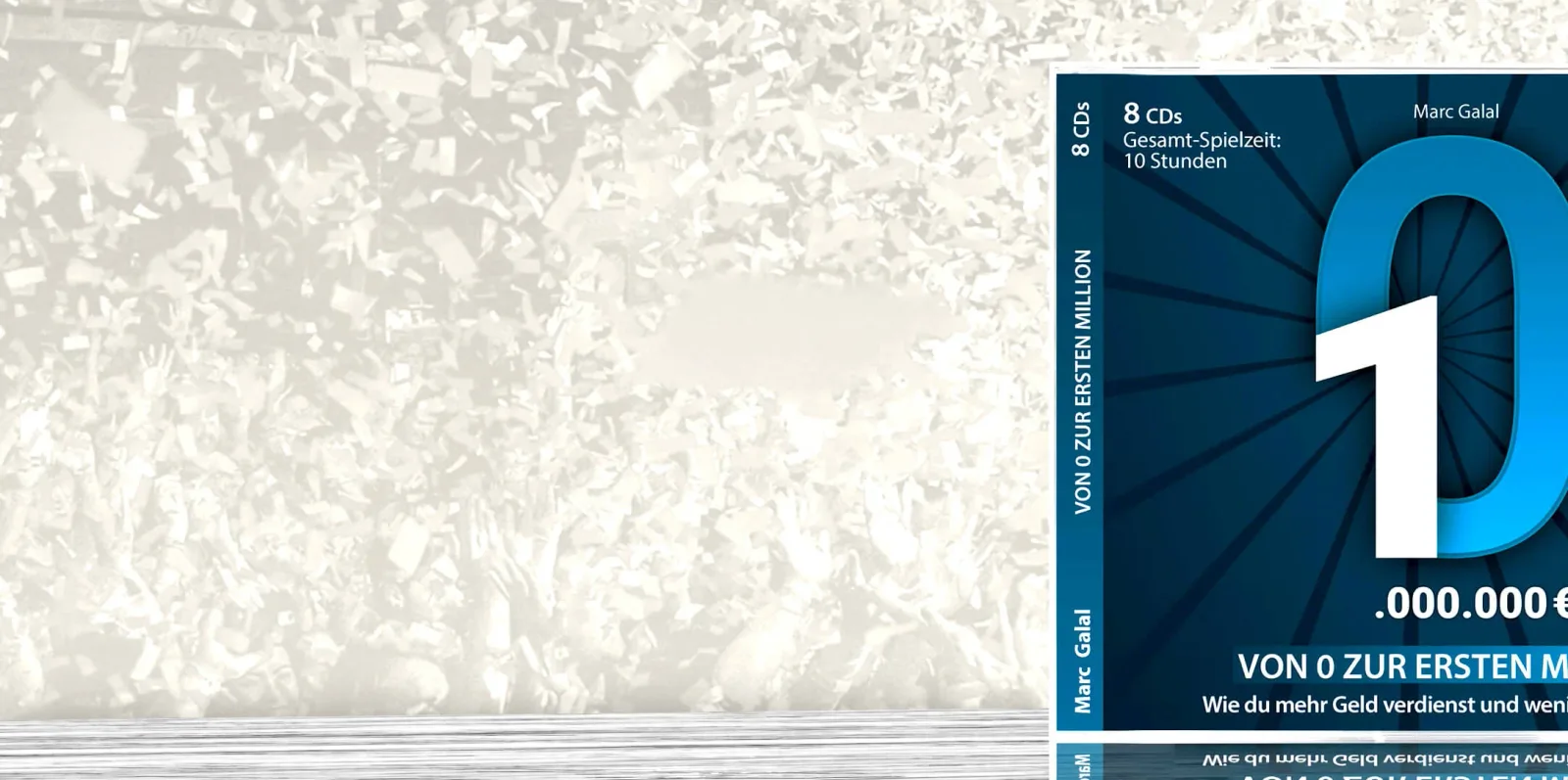 Mobiles Hörbuch-Banner mit Cover, 8 CDs und Millionen-Claim