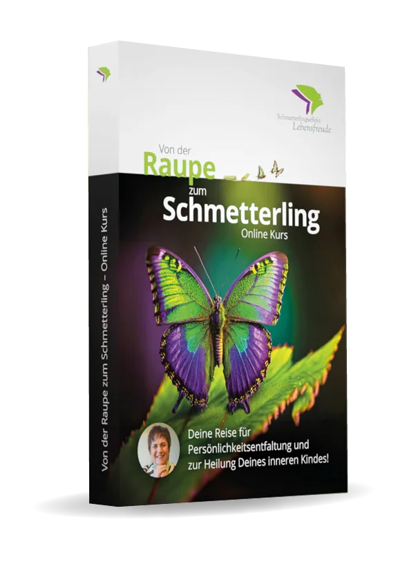 Produktbox Von der Raupe zum Schmetterling Online-Kurs mit Schmetterlingsmotiv und Portraitfoto