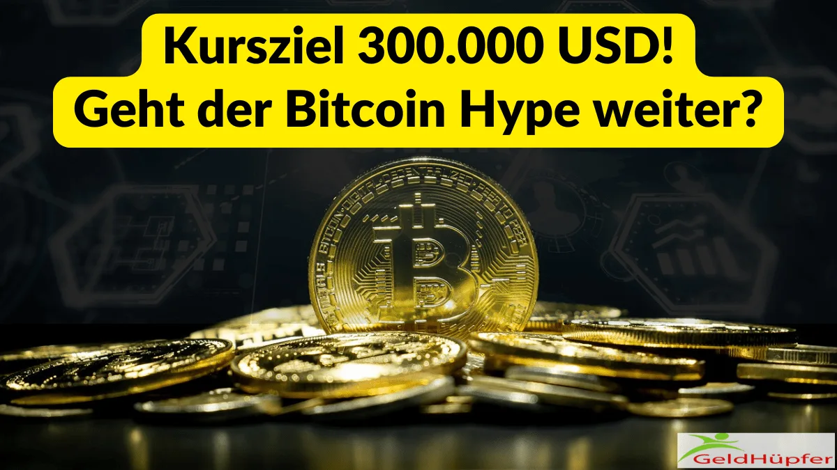 Blog-Beitragsbild mit Bitcoin und Kursziel-Versprechen in gelbem Banner