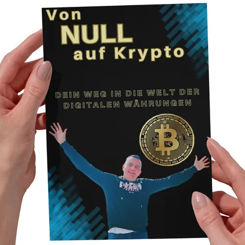 E-Book Cover Von Null auf Krypto mit Bitcoin-Motiv und jubelndem Mann