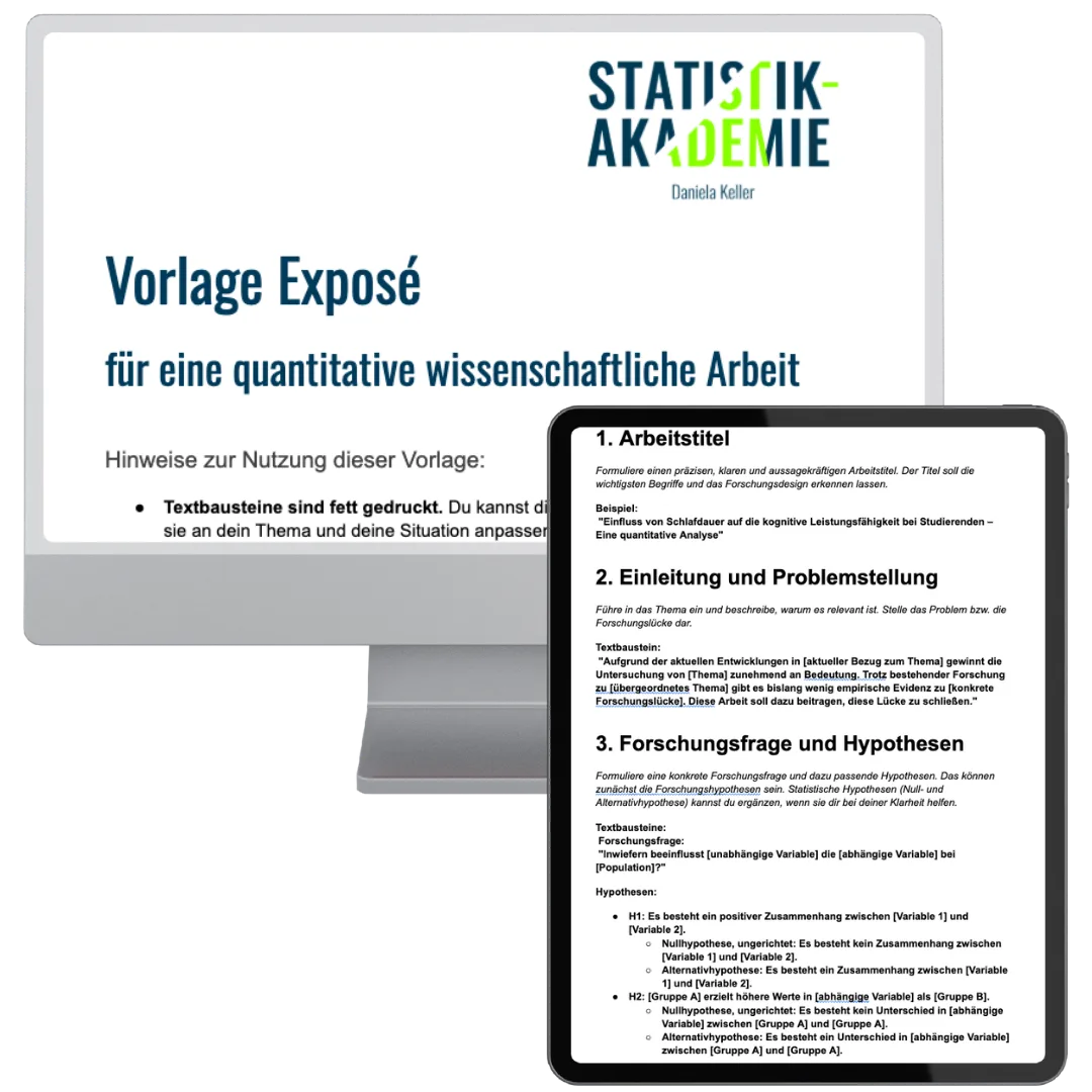 Mockup der Vorlage Exposé mit Statistik-Akademie Logo und Titelseite auf Monitor und Tablet