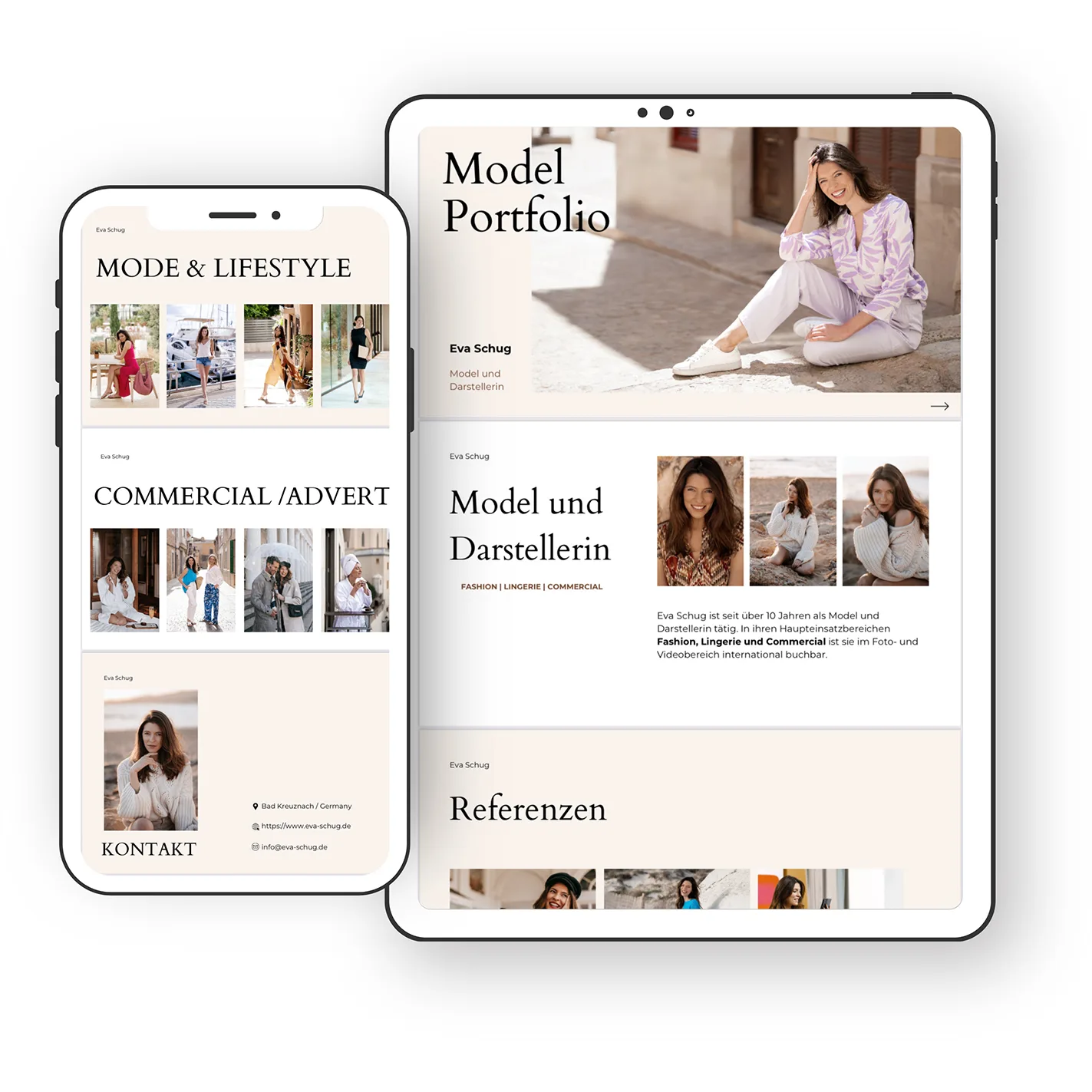 Model Portfolio Landingpage auf Tablet und Smartphone mit Portfolio-Kategorien und Referenzen