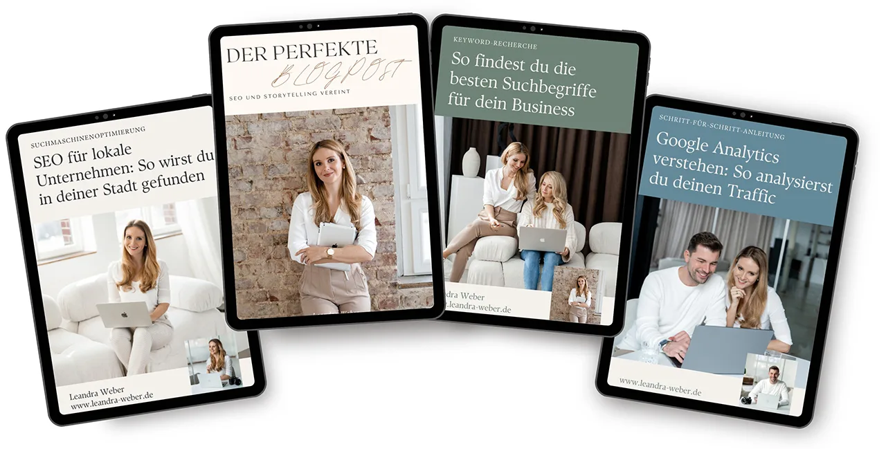 Ebook Bundle mit vier Modulen zu SEO und Storytelling auf Tablets arrangiert